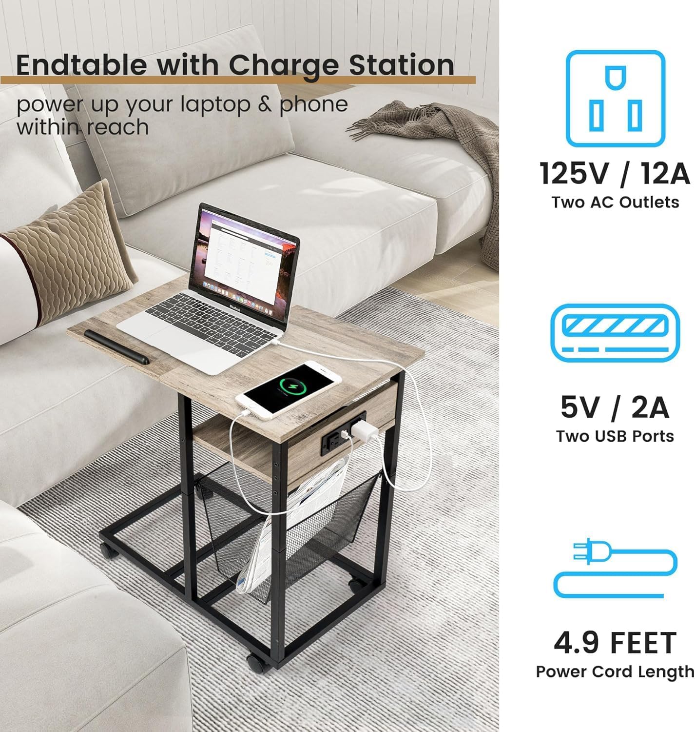 FLYJOE End Table C Shape with Charge Station, Tilting Top Side Table with Magazine Holder and Lockable Wheels, Easy Assembly for Living Room, Bedroom, Industrial Style, Grey