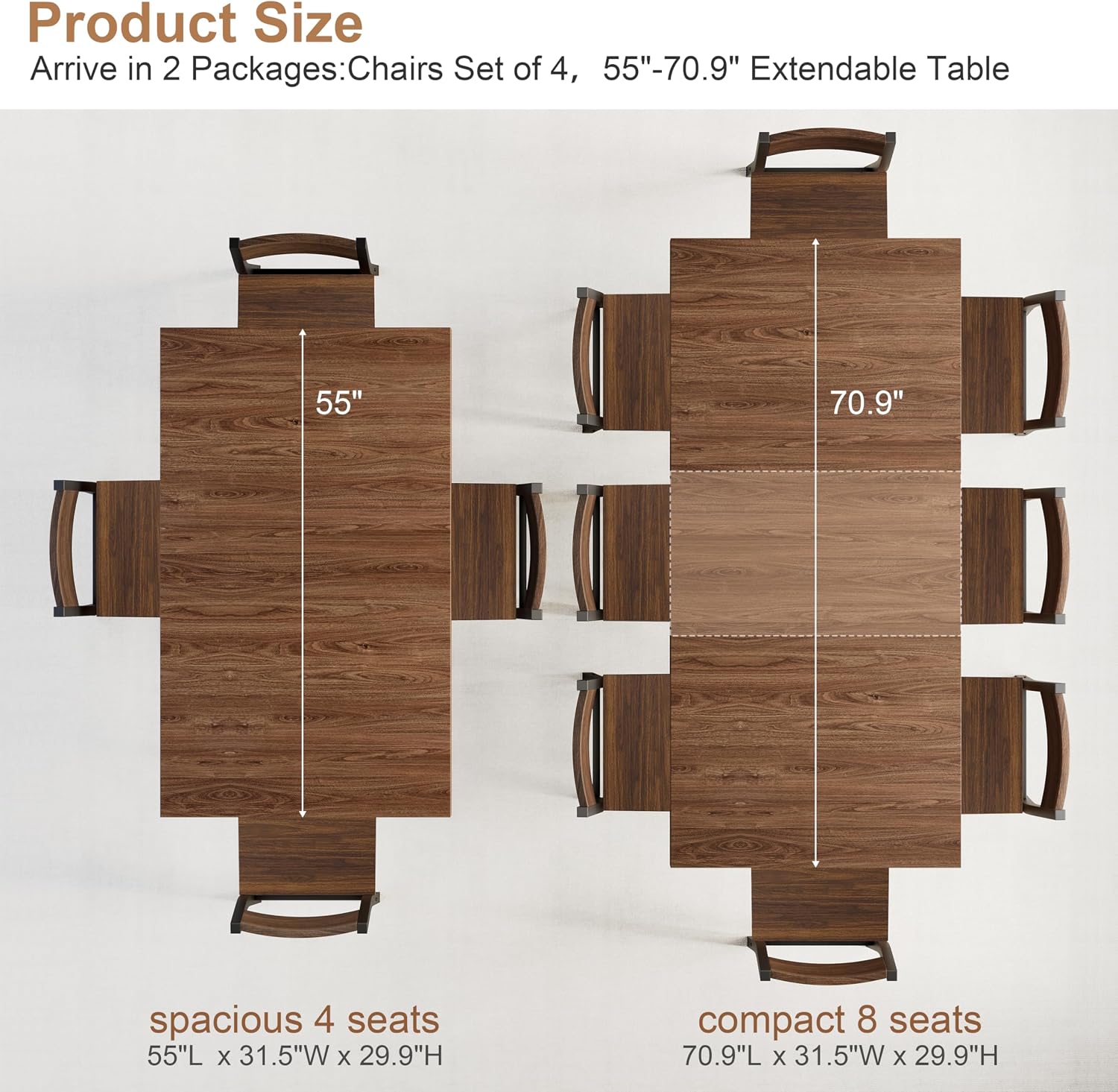 MECHYIN Extendable Dining Room Table for 4 6 8, 55"-70.9" Large Rectangle Kitchen Table,Wood Expandable Dining Table with Hidden Leaf & Storage, Space Saving, for Kitchen Dining Living Room, Walnut