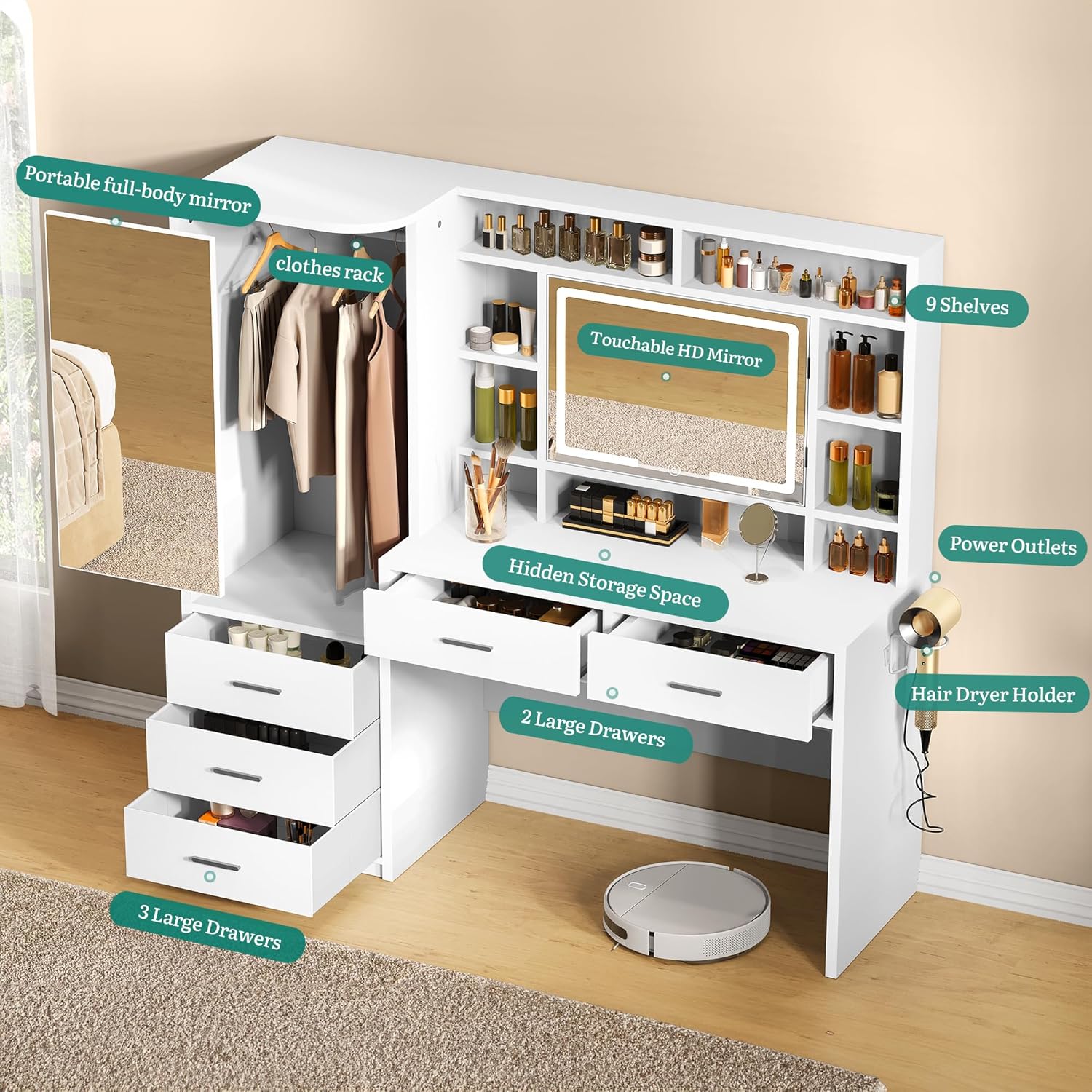 YITAHOME 59" Vanity Desk with Mirror & Lights | Makeup Vanity Table with Power Outlet, 3 Lighting Modes
