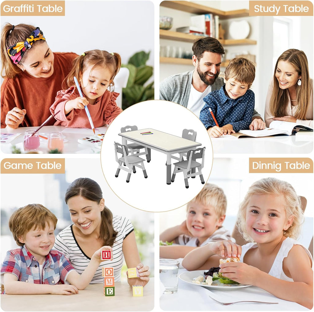 Jojoka Kids Table and 4 Chairs Set, Adjustable Toddler Activity Table Set, Wipe-Clean Desktop, Non-Slip Legs, Height Adjustable Kids Furniture for Home, Preschool, Daycare, Ages 2-10-Gray