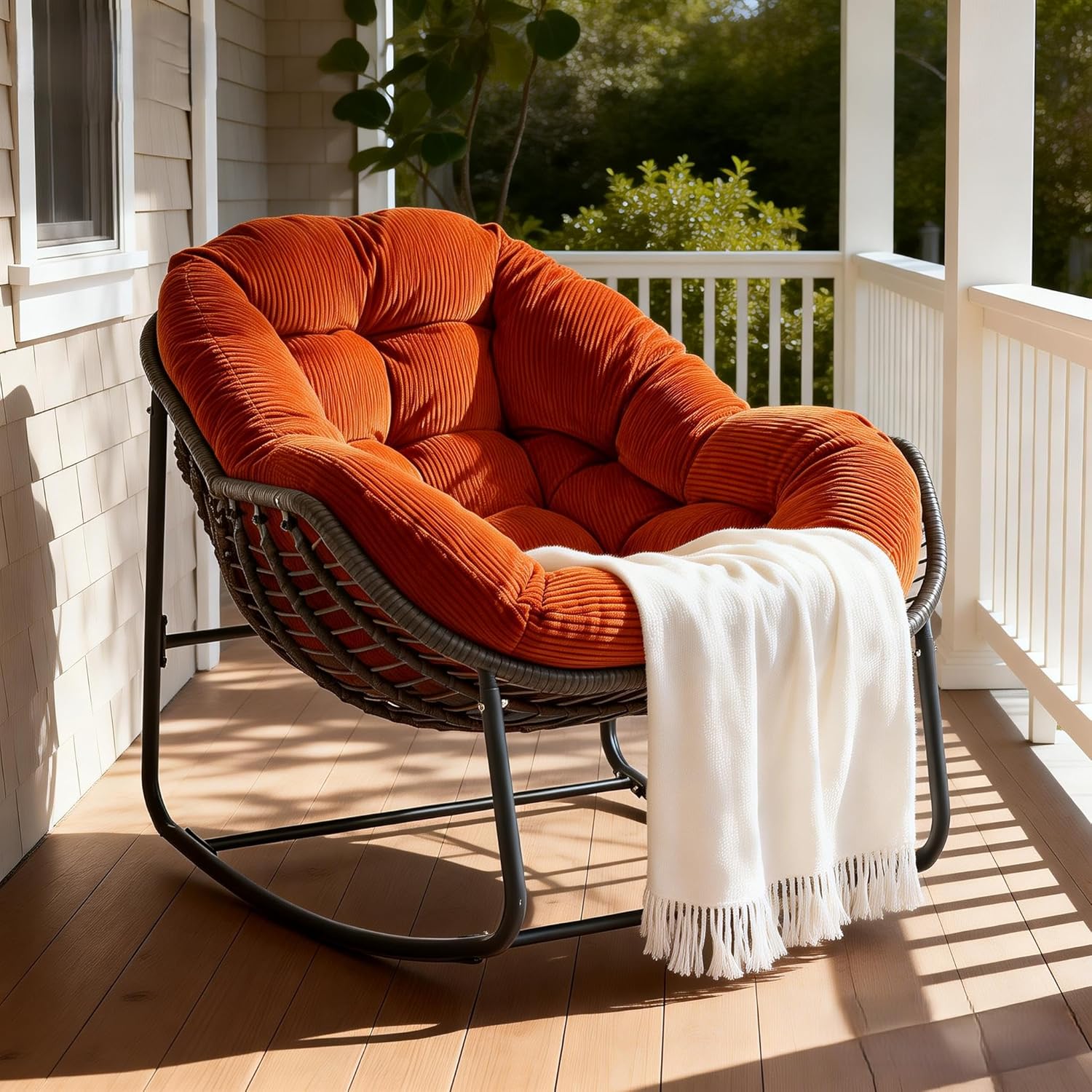 Oversized Outdoor Papasan Rocking Chair with Soft Cushion, Comfy Patio Egg Chair, Wicker Lounge Rocker for Balcony/Porch/Garden, Reinforced All Weather Rattan Frame, 330 lbs Support, Burnt Orange