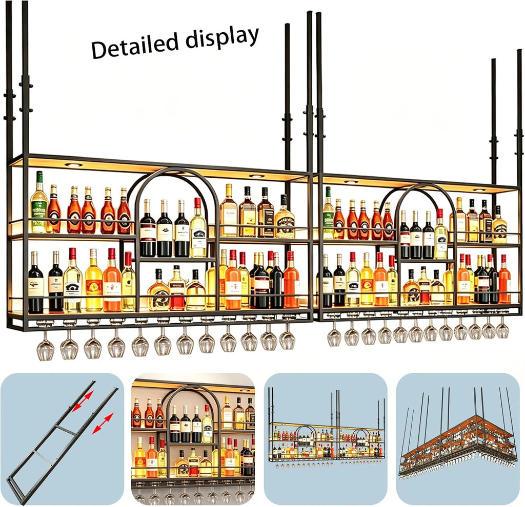 47.2in Industrial Black Metal floating Hanging Wine shelf, ceiling mounted wine rack height adjustable, Heavy Duty Metal Hanging Bottle Display for Home Bar, Kitchen, Restaurant (black, 120cm/47.2)