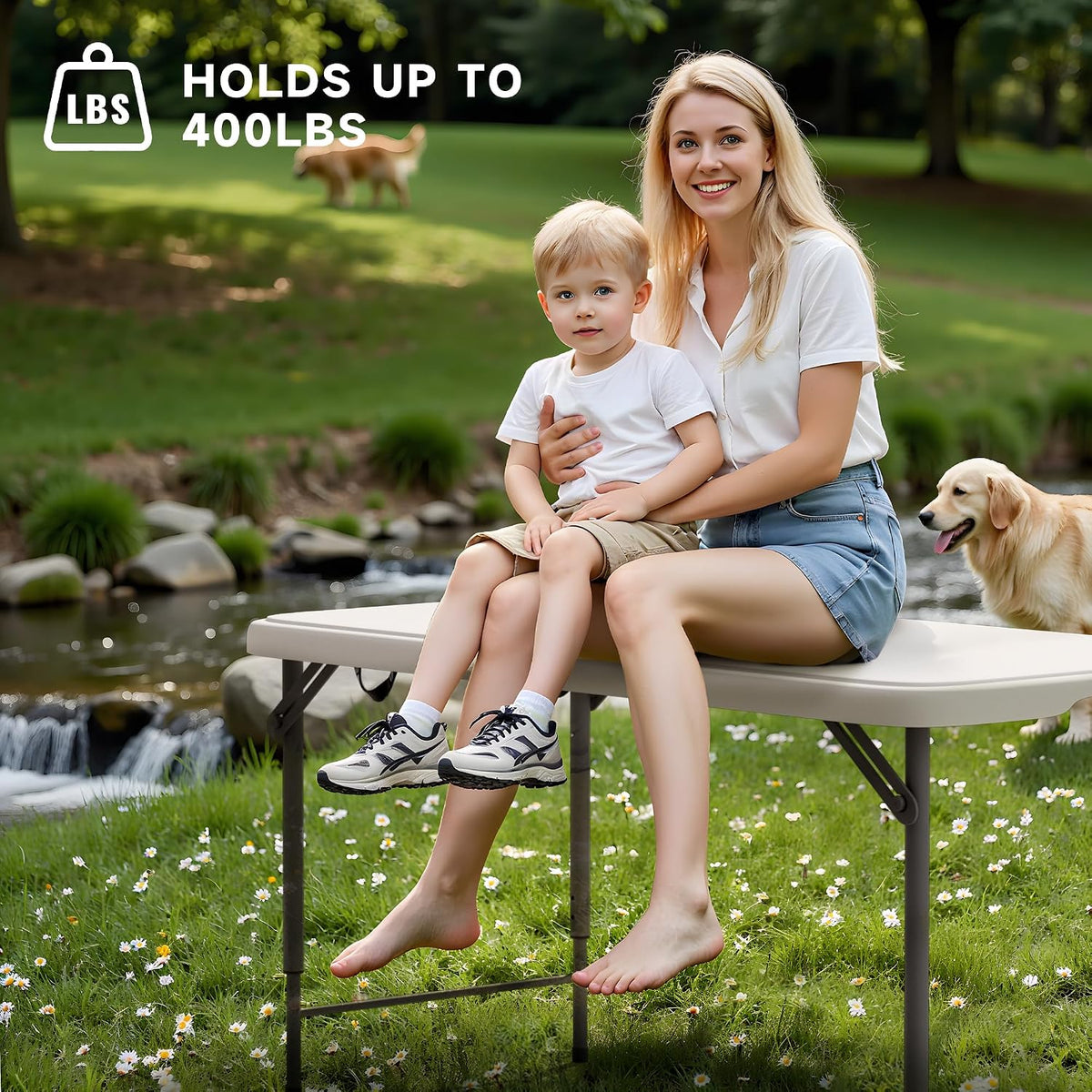 4 Foot Folding Table with Black Table Cloth- 3-Position Adjustable Height, Heavy Duty 400 lbs Capacity - Portable Folding Tables for Camping, Party, Indoor & Outdoor Use, 1 Pack