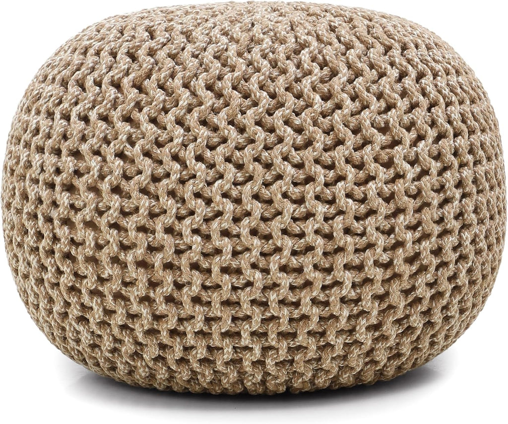· REDEARTH · Round Pouf Ottoman - Hand Knitted Boho Poof - Beige Ivory