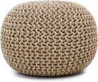 · REDEARTH · Round Pouf Ottoman - Hand Knitted Boho Poof - Beige Ivory