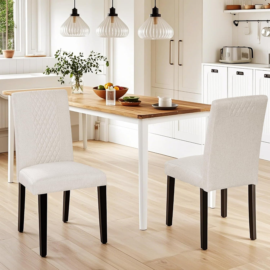 VECELO Dining Chairs Set of 2, Upholstered Fabric Wood Legs High Back for Kitchen Living Room, Beige