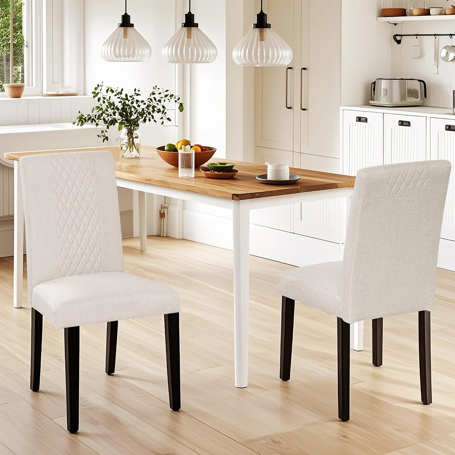 VECELO Dining Chairs Set of 2, Upholstered Fabric Wood Legs High Back for Kitchen Living Room, Beige