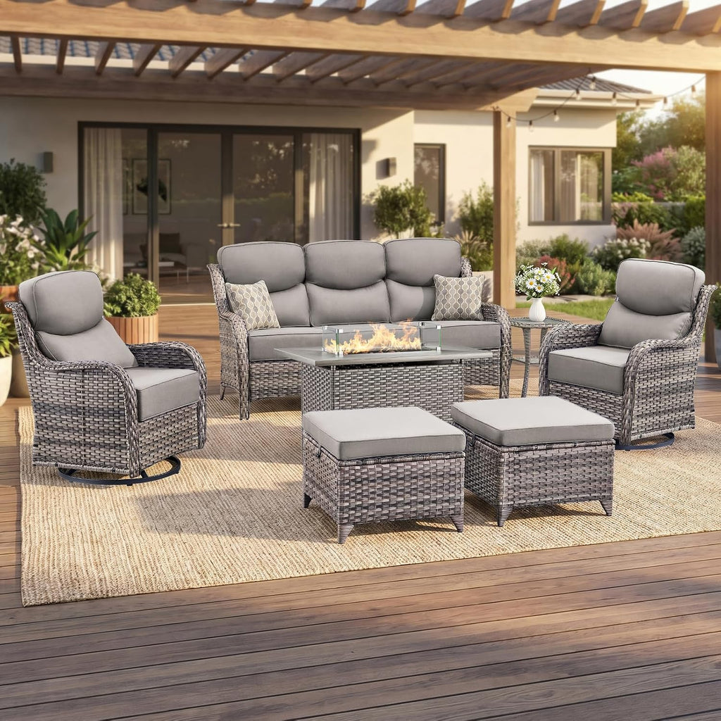 Luxury Swivel Rocker Chairs Fire Pit Set with 6" Thick Cushion 7 piece Wicker Outdoor Patio Chair with Sofa and Ottoman,Comfortable High Back Outdoor Patio Furniture Set - Gery | Gery
