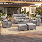 Luxury Swivel Rocker Chairs Fire Pit Set with 6" Thick Cushion 7 piece Wicker Outdoor Patio Chair with Sofa and Ottoman,Comfortable High Back Outdoor Patio Furniture Set - Gery | Gery