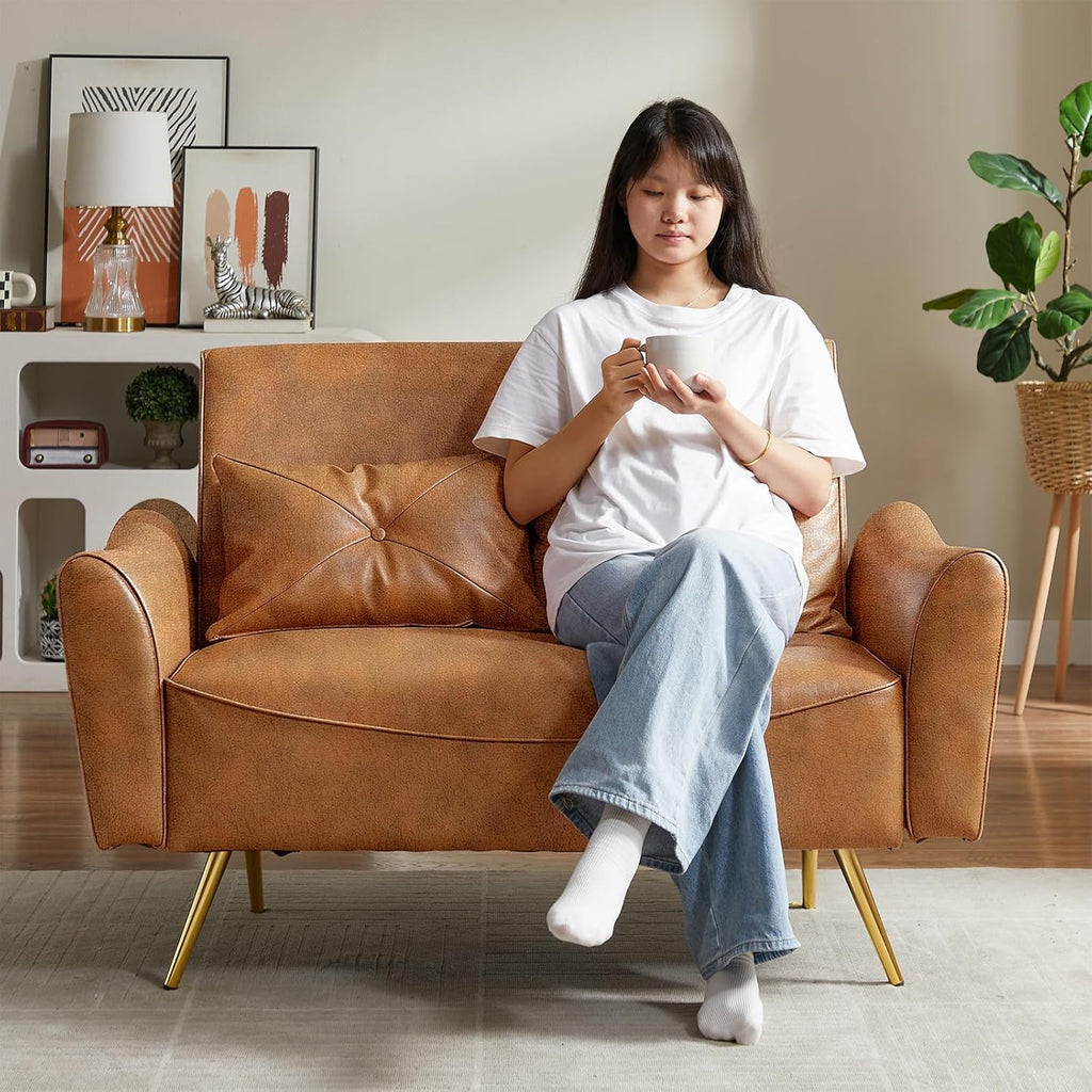 Brelice 47" Faux Leather Loveseat Sofa, Modern Small Couch for Small Space with 2 Pillows, 2 Seater Couch for Living Room, Bedroom, Office, Apartment (Brown)