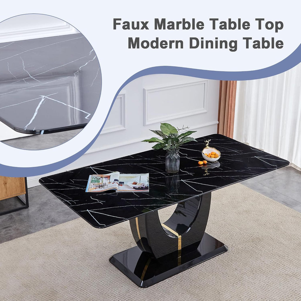 71" Modern Dining Table Set for 6, Black Faux Marble Dining Table with 6 Upholstered Chairs, Large Rectangle Kitchen Table Set, Tempered Glass Tabletop, U-Shaped Base, Ideal for Dining Room