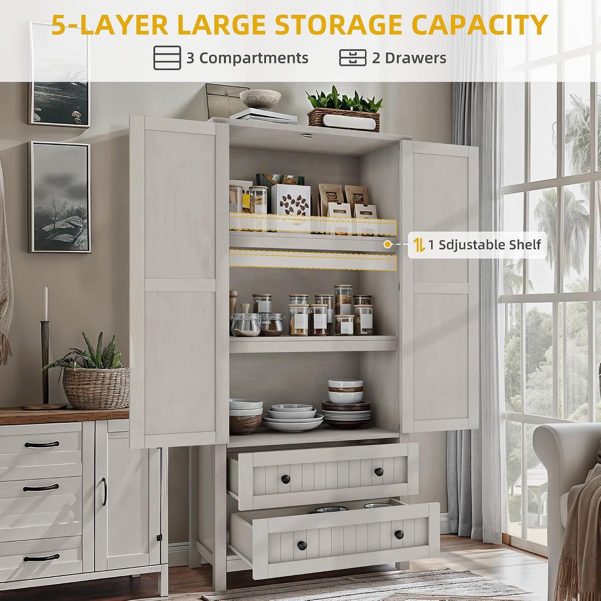 DWVO 64.5" Pantry Cabinet with Barn Doors, 2 Drawers & Shelves, Off White | Farmhouse Storage Cupboard for Dining Room, Living Room, and Bathroom