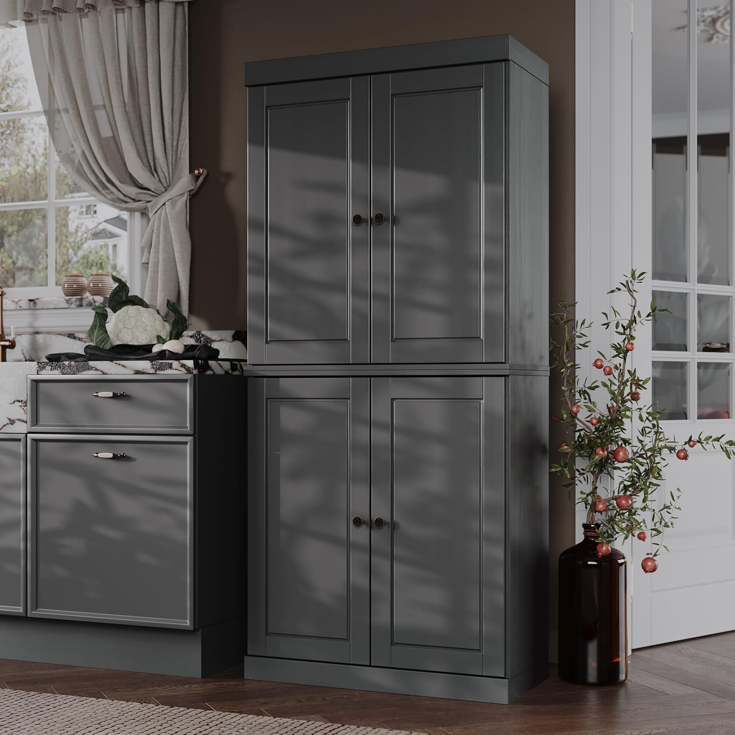 Palace Imports Solid Wood Kitchen Pantry - 71.5" H x 32" W Tall Storage Cabinet - with Adjustable Shelves & 2-Drawer Kit, Cupboard, Gray, 100% Renewable Eco-Friendly Wood, Made in Brazil