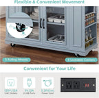 Rolling Kitchen Island Cart with Wood Countertop, Mobile Kitchen Storage Cart with Drawers, Glass Door Cabinet & Side Spice Rack for Small Kitchen