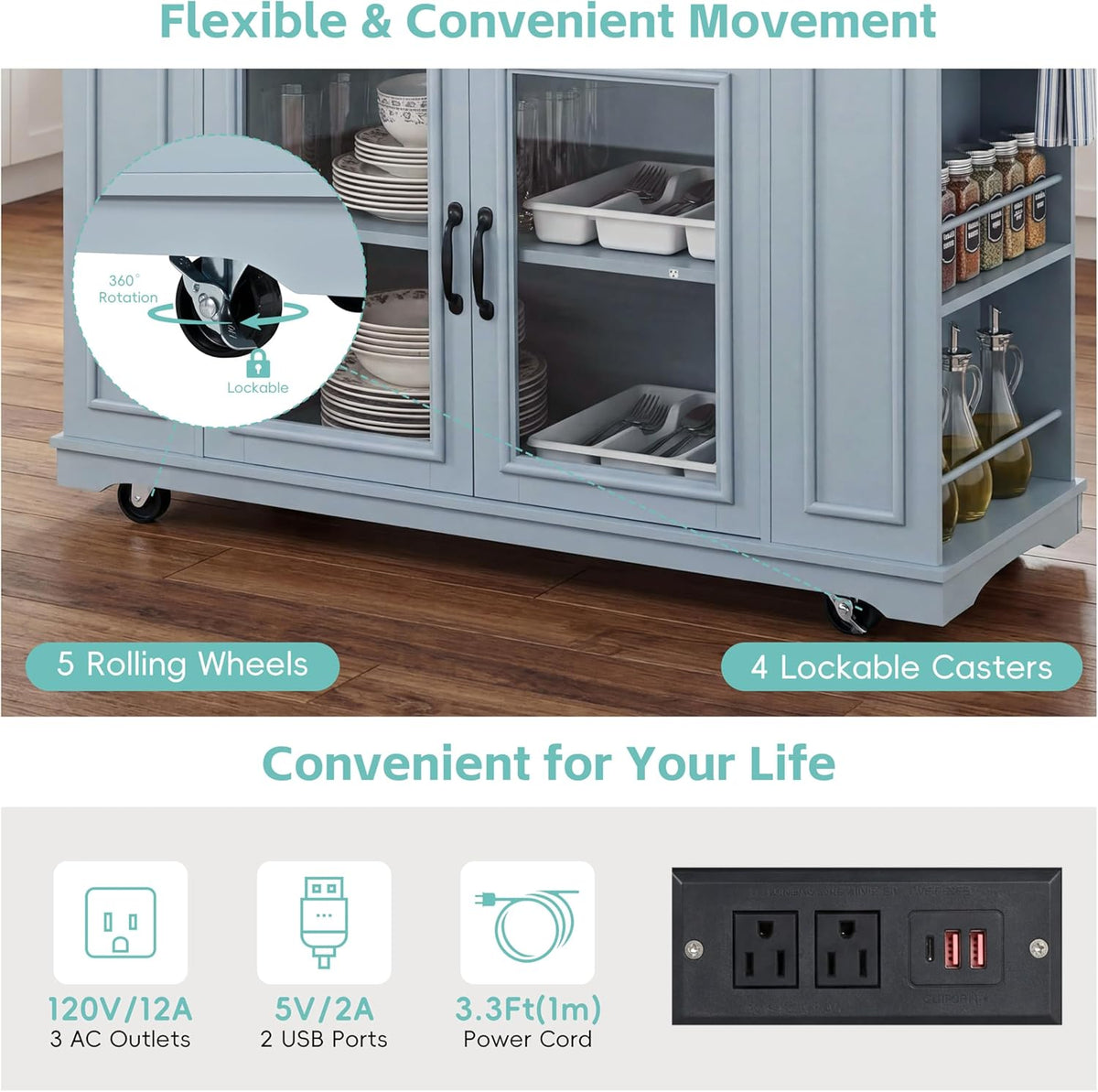 Rolling Kitchen Island Cart with Wood Countertop, Mobile Kitchen Storage Cart with Drawers, Glass Door Cabinet & Side Spice Rack for Small Kitchen
