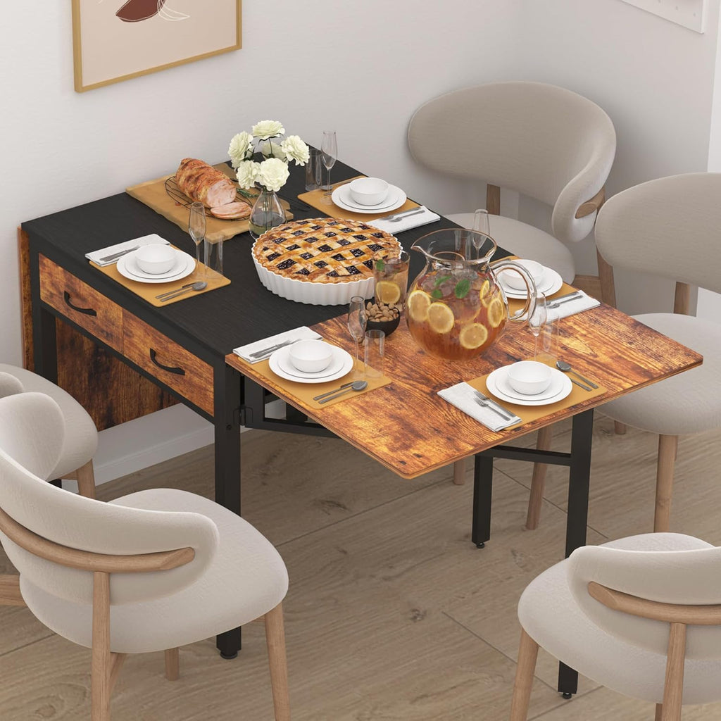 Folding Dining Table,Dining Room Table with Drawers,Industrial Extendable Table for 6-8 People,for Dining Room,Living Room,Restaurant,Saving Space