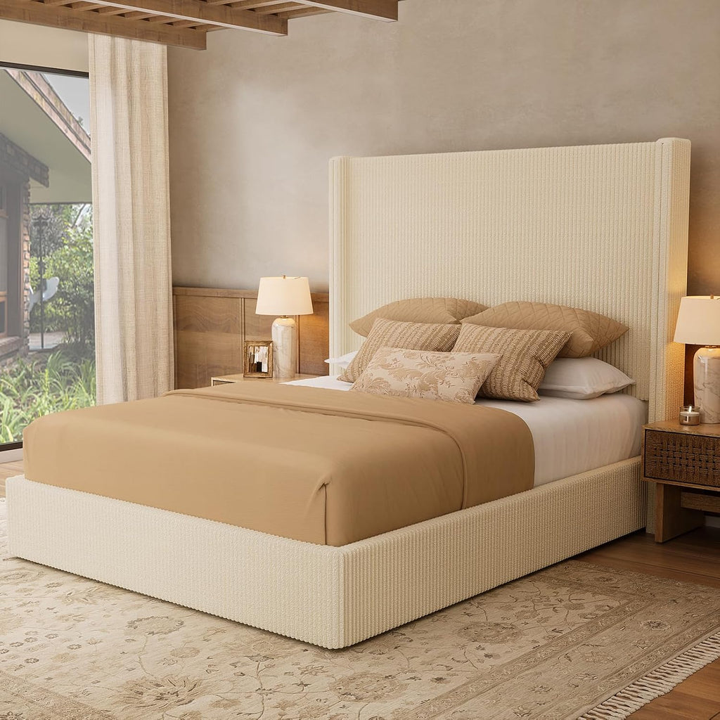 Yechen Queen Bed Frame with Lift Up Storage, 51.2" Tall Headboard and Upholstered Wingback Platform Bed Frame, Hydraulic Support, No Box Spring Needed, Beige Corduroy