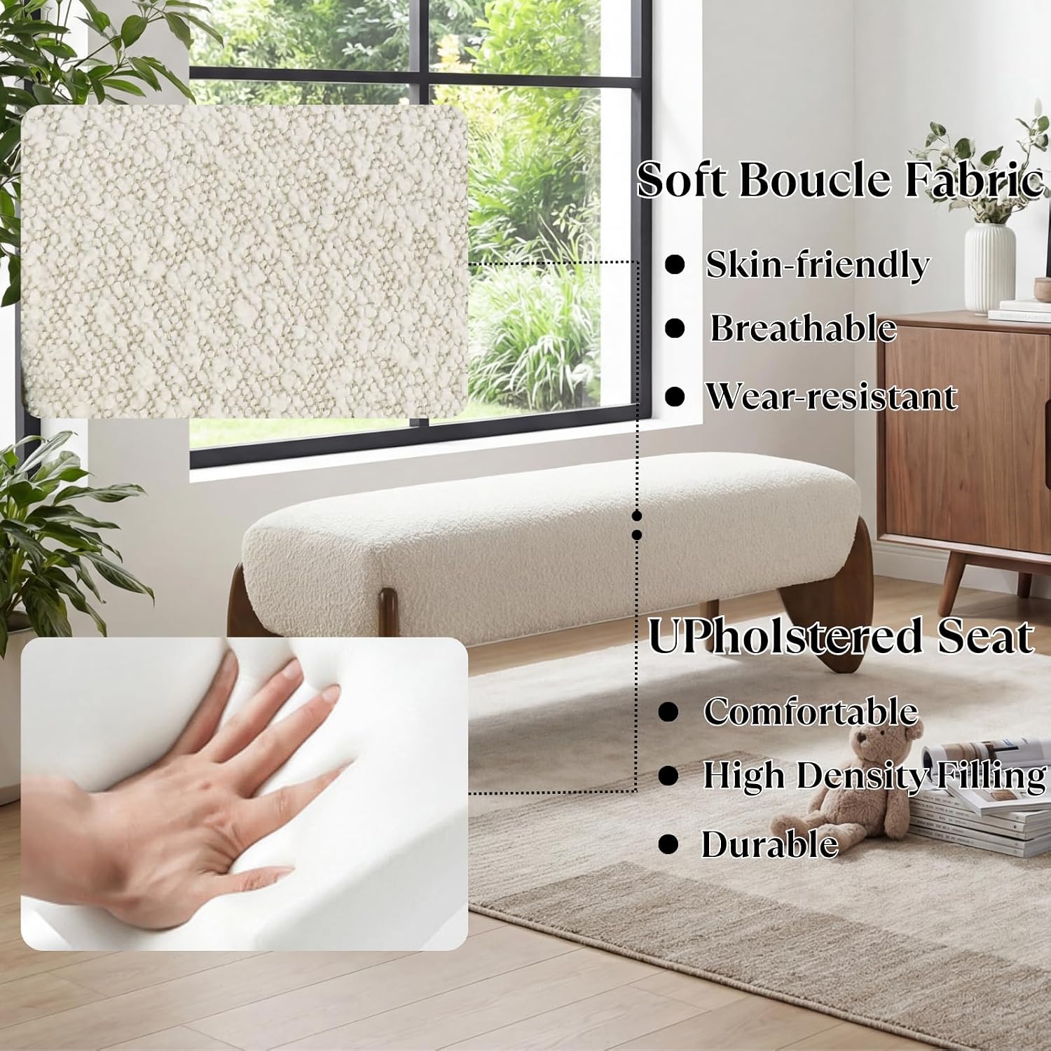 Ya-Home Modern Boucle Bedroom Bench, 50” Upholstered End of Bed Bench with Comfy Seat/Solid Wood Legs, Wooden Entryway Window Ottoman Bench for Living Room/Hallway, Beige