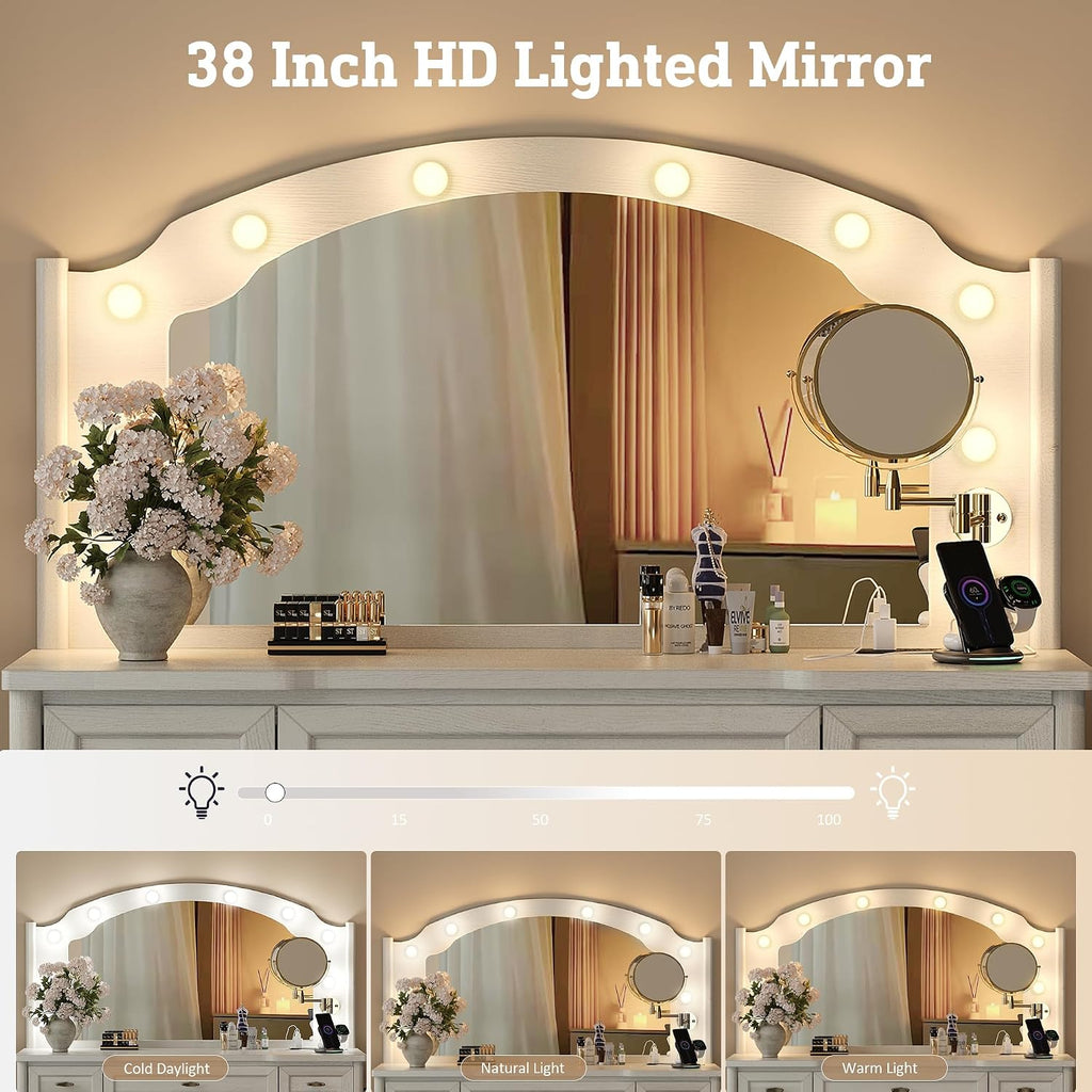 STO'SENSE Vanity Desk with Mirror and Lights, Makeup Vanity Table with 9 Drawers, Magnifying Mirror & Power Outlet, Large Vintage Dressing Table for Women & Girls Bedroom (White)