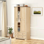 Brafab 2 Doors Wooden Armoire Wardrobe Closet with 2 Drawers, Natural | 2 Modern Doors, Freestanding, with Drawers and Hanging Rail, Wooden Storage Cabinet with Shelf, for Bedroom