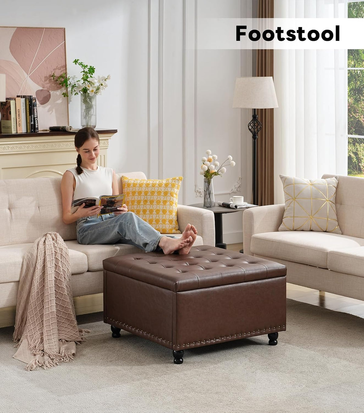 Tbfit 30" Large Square Ottoman Coffee Table with Storage, Oversized Tufted Upholstered Ottomans Bench with Solid Wood Legs for Living Room, Dorm, Leather Foot Stool for Couch Sofa Toy Box, Brown