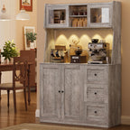 Kitchen Pantry Cabinet with Storage, Buffet Cabinet with Countertop for Microwave Stand, Tall Sideboard Storage Hutch Cabinets with LED, 3 Drawers & Adjustable Shelves for Dining Room, Grey