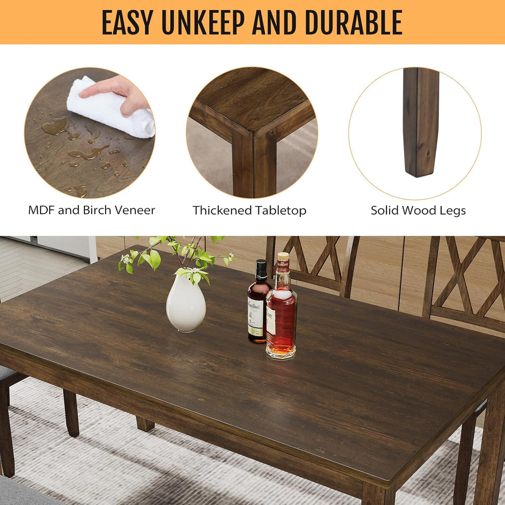 Zevemomo 6-Piece Solid Wood Dining Table Set, Dining Table & Chair Set for 6, Including 1 Dining Table, 4 Upholstered Chairs and 1 Bench, Dining Table Set for Dining Room & Kitchen, Walnut