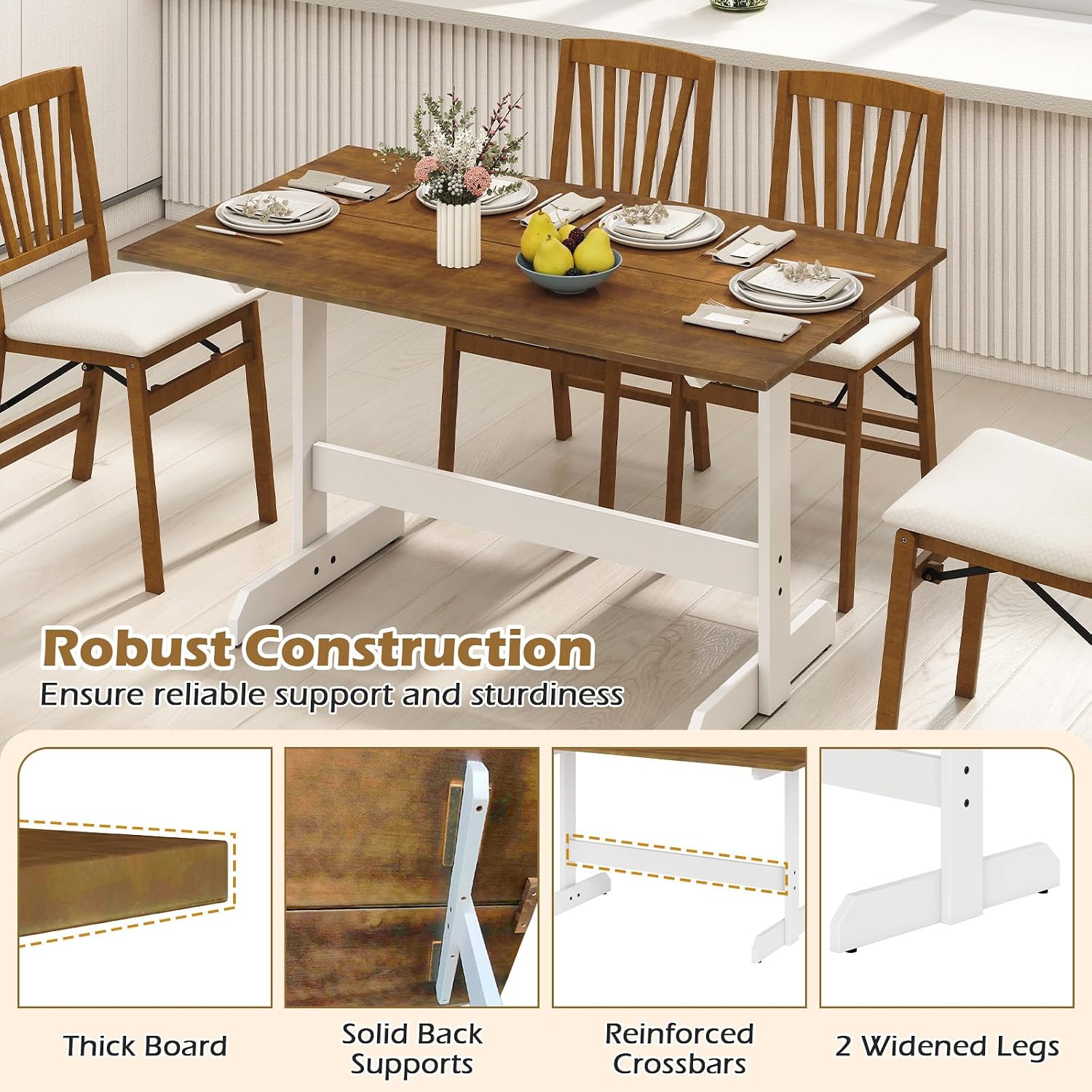 Giantex 55" Dining Table for 4-6, Farmhouse Kitchen Table with H-Shaped Rubber Wood Leg, Adjustable Foot Pads, Rectangular Wood Dinner Tables for Dining Room, Home Office, Living Room, Dinette