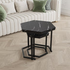 Hexagon Nesting Side Tables Set of 2, Black Marble | Space-saving hexagon nesting side tables set of 2, sturdy metal frame, waterproof MDF top, for living room bedroom
