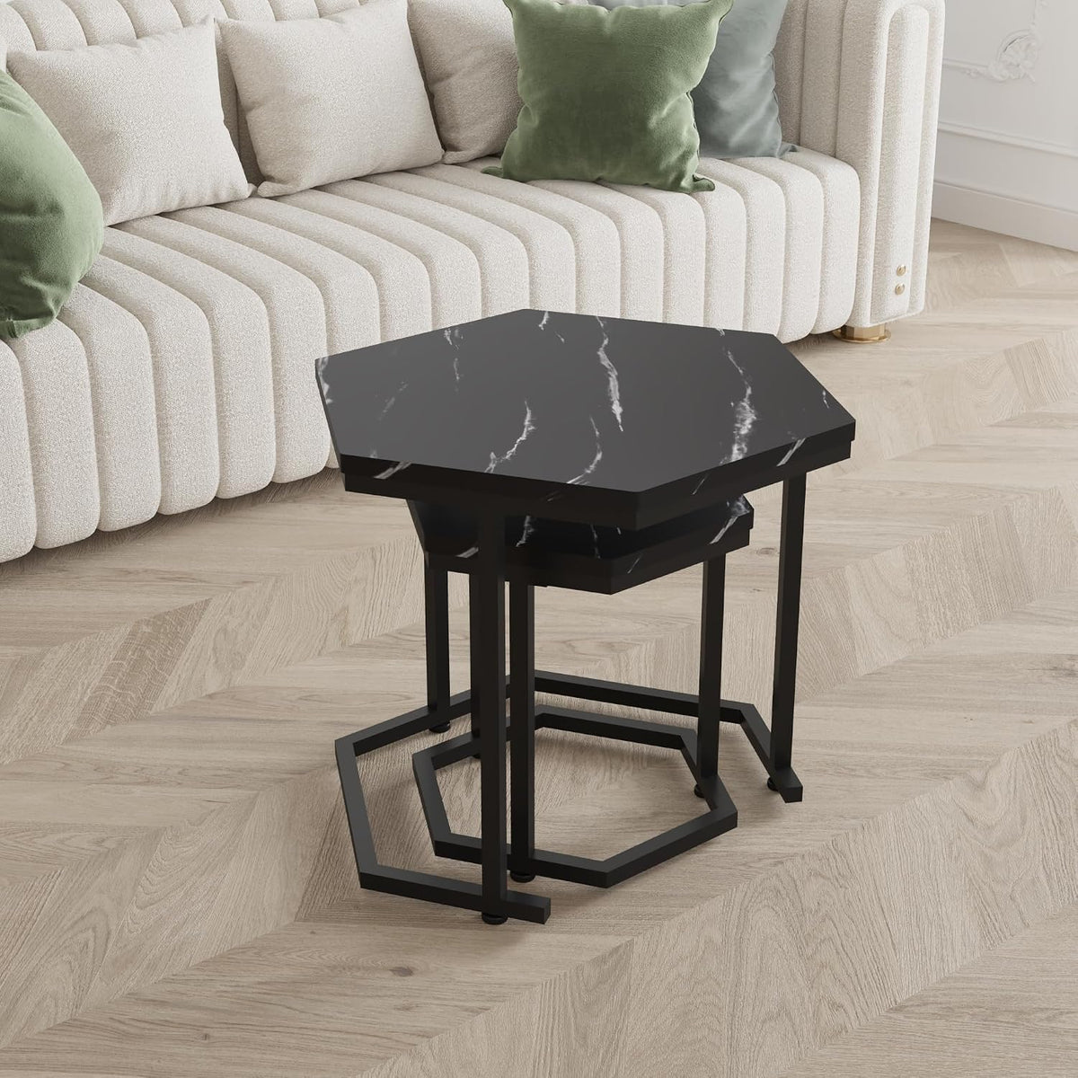 Hexagon Nesting Side Tables Set of 2, Black Marble | Space-saving hexagon nesting side tables set of 2, sturdy metal frame, waterproof MDF top, for living room bedroom