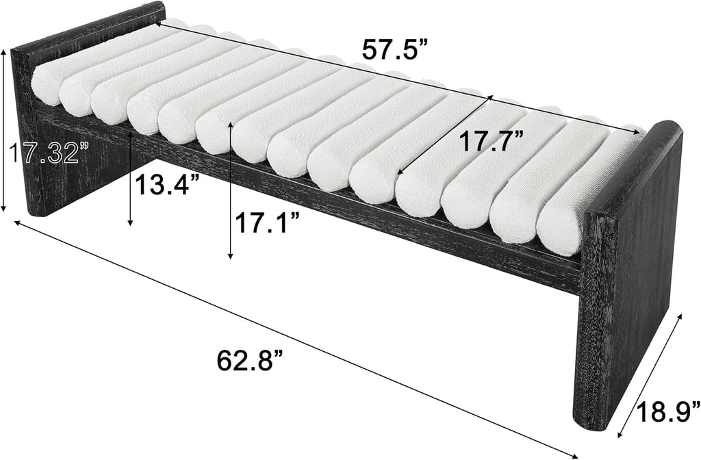 Virubi 62.8" Modern Chenille Upholstered End Bed Bench with Rolled Cushions, Rubberwood Frame Ottoman Bench, Oversized Entryway Shoe Bench for Bedroom Living Room Dining (Black, 62.8")