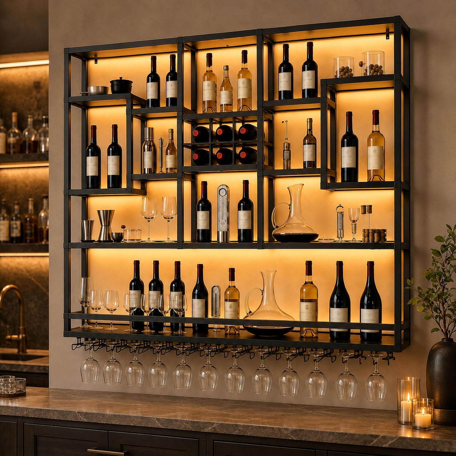 71in LED Wall Mounted Wine Rack with Stemware Holder and Wood Shelves | Combines warm LED lighting, 176 lb capacity and spacious bottle storage to create a practical, organized home bar display