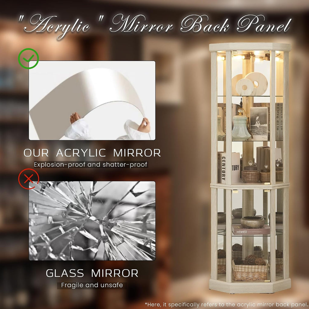 Corner Curio Cabinet, 70" H Lighted Glass Display Cage with Tempered Glass Doors and 5 Adjustable Shelves, Light Bulb Inclued, Wine Bar China Cabinet for Living Room (White)