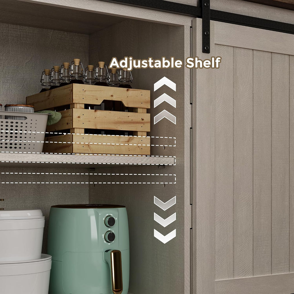 Sweet Memory 78.8" H Farmhouse Kitchen Hutch Cabinet with 3-Tier Open Shelves, Storage Pantry Cabinet with Wide Countertop, 6 Drawers and Barn Door Buffet Pantry with Storage for Dining/Living Room