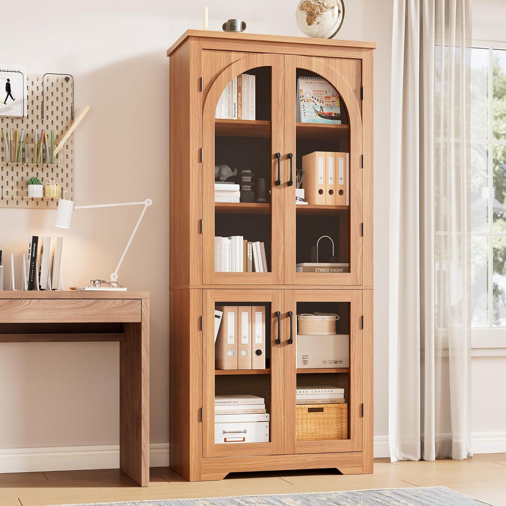 70" Kitchen Pantry Storage Cabinet - Modern Display Pantry Storage with 4 Arched Glass Doors and Adjustable Shelves, Versatile Cupboard Organizers for Kitchen, Dining Room, Living Room, Maple