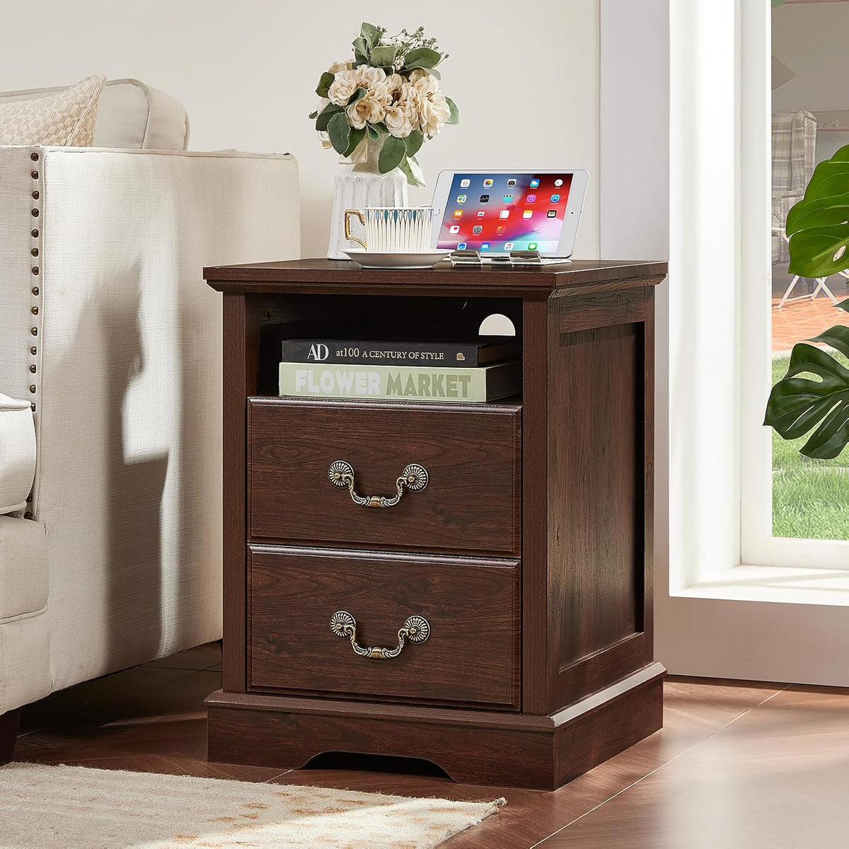 Farmhouse Night Stand with Charging Station, Walnut | 2 Drawers End Tables Bedroom, Bedside Table with Rustic Handles & Floor-Standing Thickened Foot & Open Shelf
