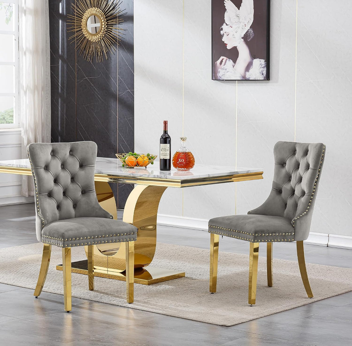 SSLine Modern White Marble Dining Table Set for 4,Luxury 68" Faux Marble Kitchen Table with Velvet Tufted Chairs for 4,5-Piece Dining Room Table Set with Gold Stainless Steel U-Shape Base