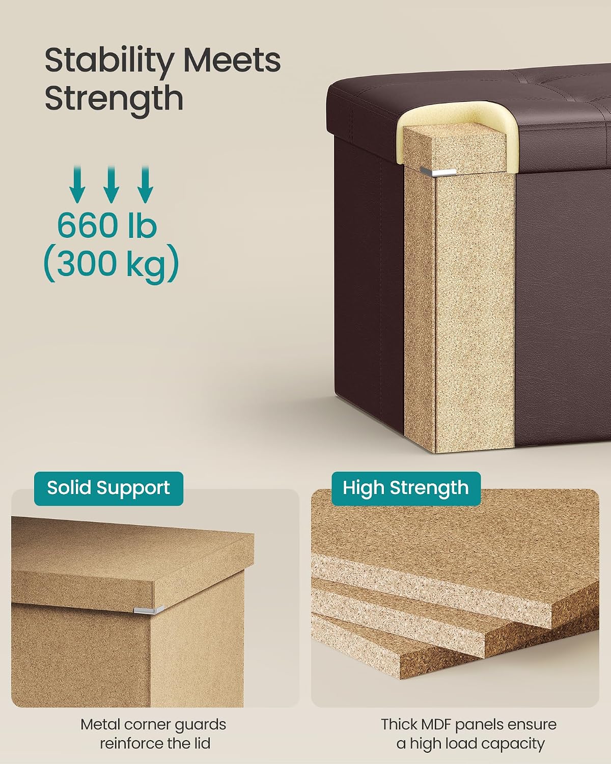 SONGMICS Storage Ottoman Bench, 30 Inches Folding Foot Rest Stool | PU Leather, Easy Assembly, for Living Room, Bedroom, Entryway, Rustic Walnut and Ink Black, MINOTA Collection ULSF40Z