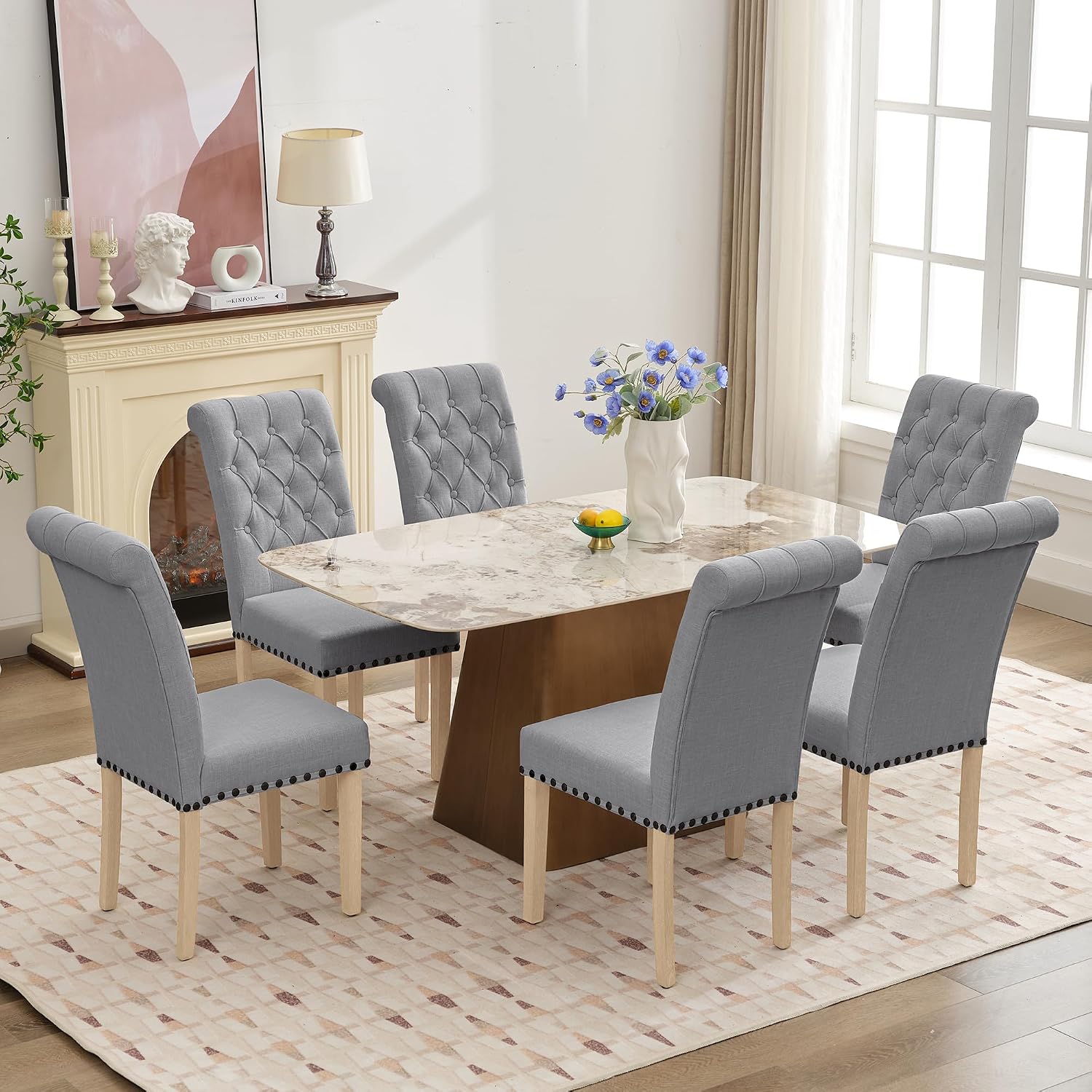 LOULENS Fabric Dining Chairs Set of 2, Modern Linen Upholstered Parson Chairs with Button Tufting and Solid Wood Legs for Kitchen & Dining Room, Light Gray