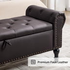 51" Storage Bench for Bedroom, Faux Leather End of Bed Bench, Queen Size Bench with Rolled Arms, Tufted Storage Ottoman Benches, Upholstered Bench for Bedroom, Living Room, Entryway, Dark Brown