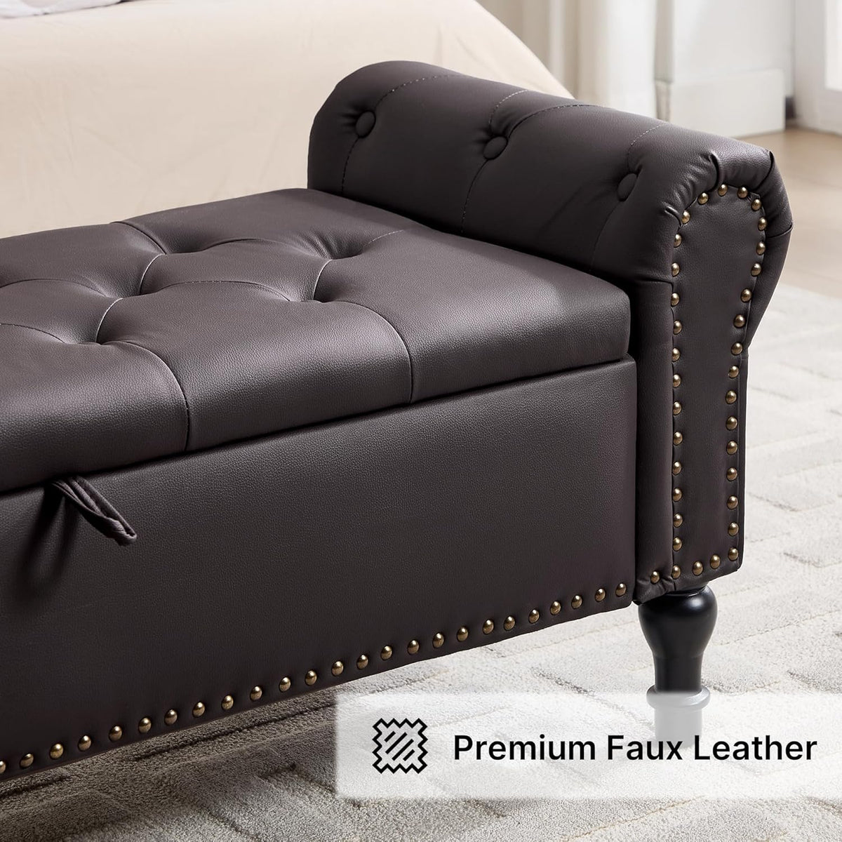 51" Storage Bench for Bedroom, Faux Leather End of Bed Bench, Queen Size Bench with Rolled Arms, Tufted Storage Ottoman Benches, Upholstered Bench for Bedroom, Living Room, Entryway, Dark Brown
