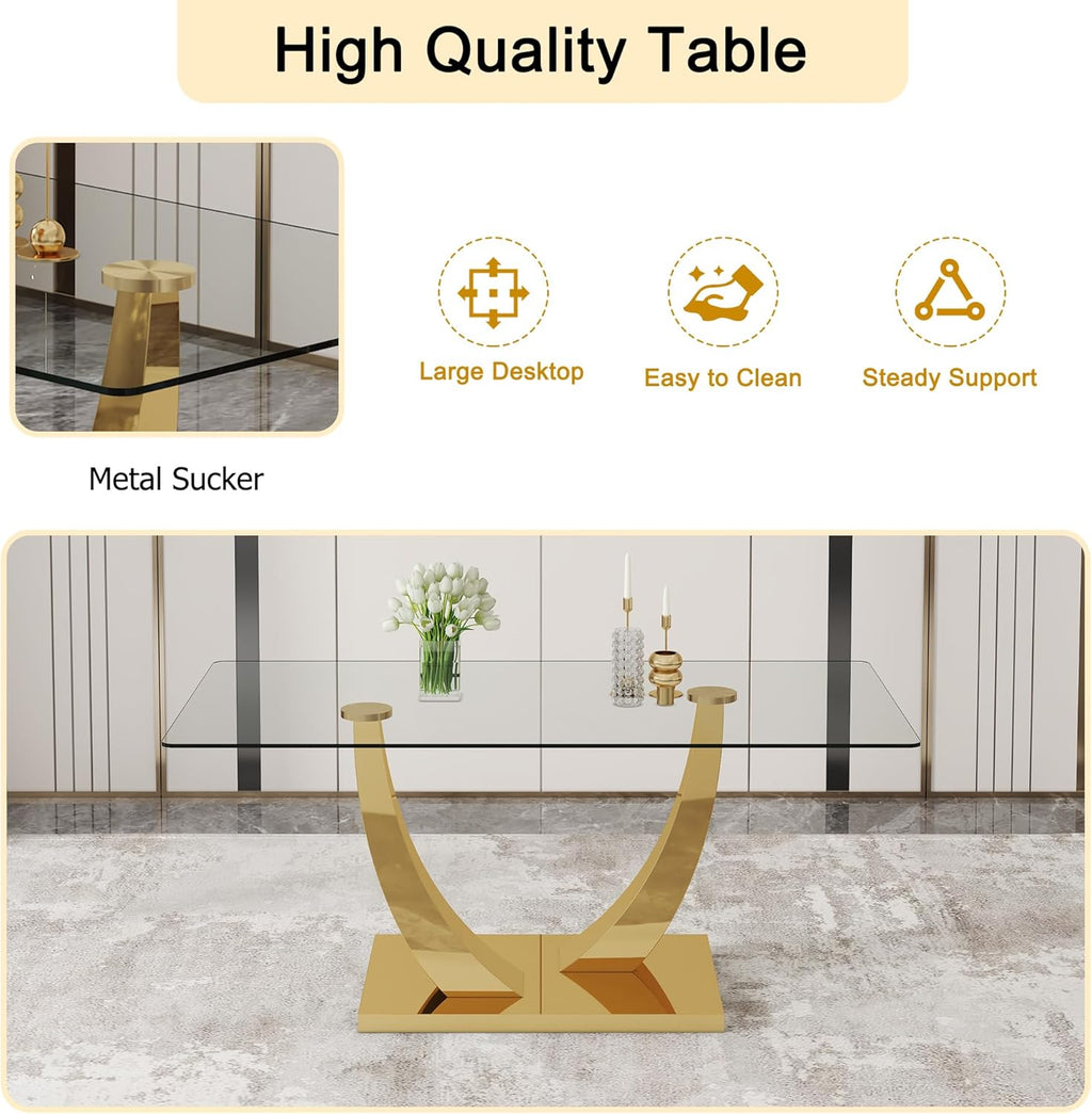 Glass Dining Table Set for 6, Modern Kitchen Table Set for 6, 71" Tempered Glass Tabletop with U-Shaped Gold Base, 7 Ppiece Large Dining Room Table Set with White PU Leather Chairs