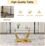 Glass Dining Table Set for 6, Modern Kitchen Table Set for 6, 71" Tempered Glass Tabletop with U-Shaped Gold Base, 7 Ppiece Large Dining Room Table Set with White PU Leather Chairs