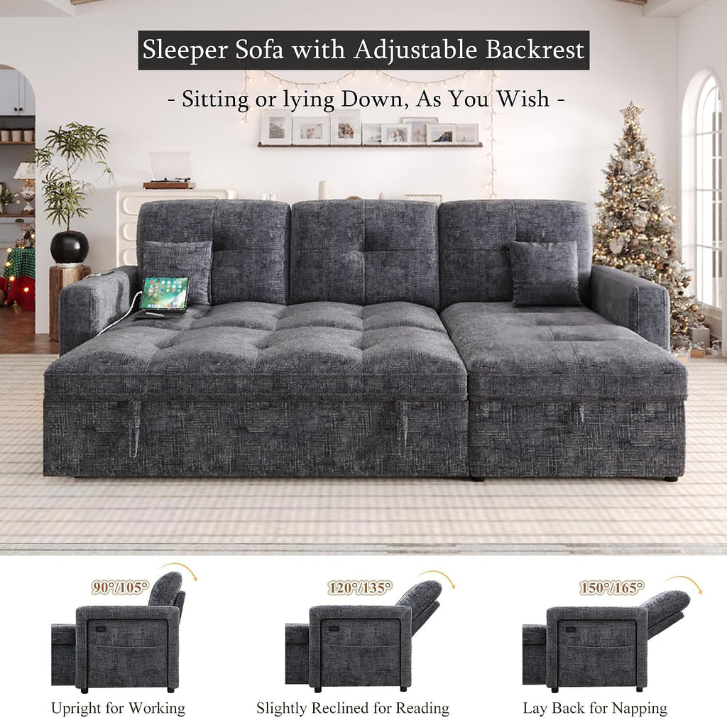 81'' LED L-Shaped Sectional Couch for Living Room, Sleeper Sofa Bed, Grey | Comfy Chenille Cloud Couch, Pull Out Bed, Storage Chaise, 5-level Adjustable Backrest, USB Charging, 2 Pillow, 900LB Capacity