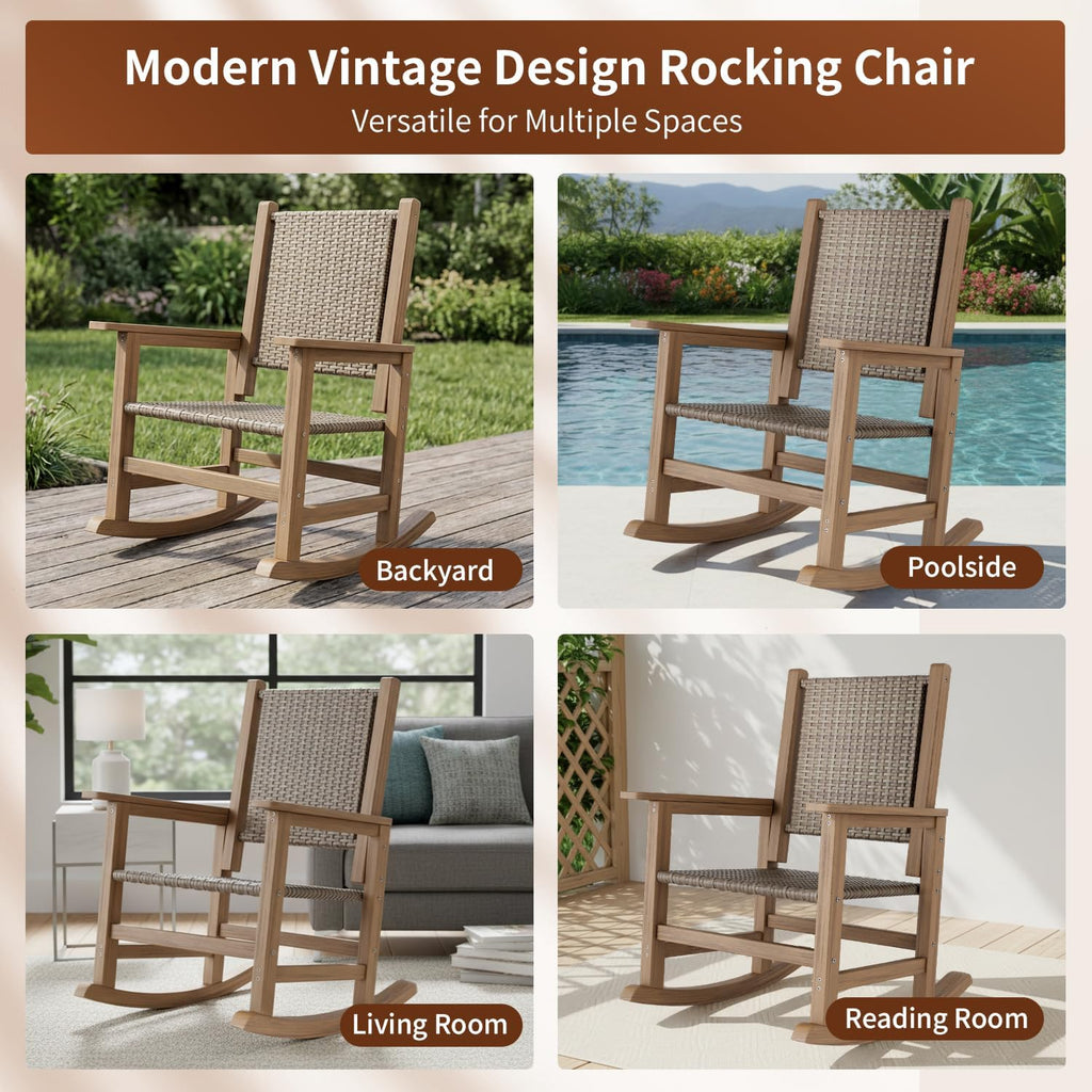 HDPE Outdoor Rocking Chair Set of 2, Wicker Patio Rocking Chair for Adult, All Weather Rocking Chair Outdoor for Porch, Garden, Lawn, and Balcony (Brown)