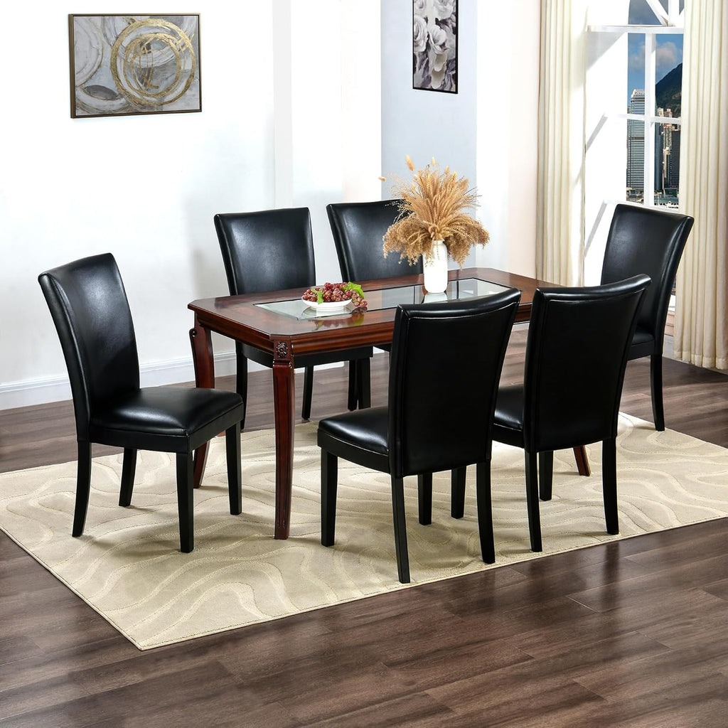 Rectangular Glass Dining Table 59” with Cherry Veneer Frame and Solid Wood Legs, for 4-6 People Tempered Glass Tabletop for Dining Room or Kitchen,Easy Assemble, Cherry Brown, CZ-A1168-GT