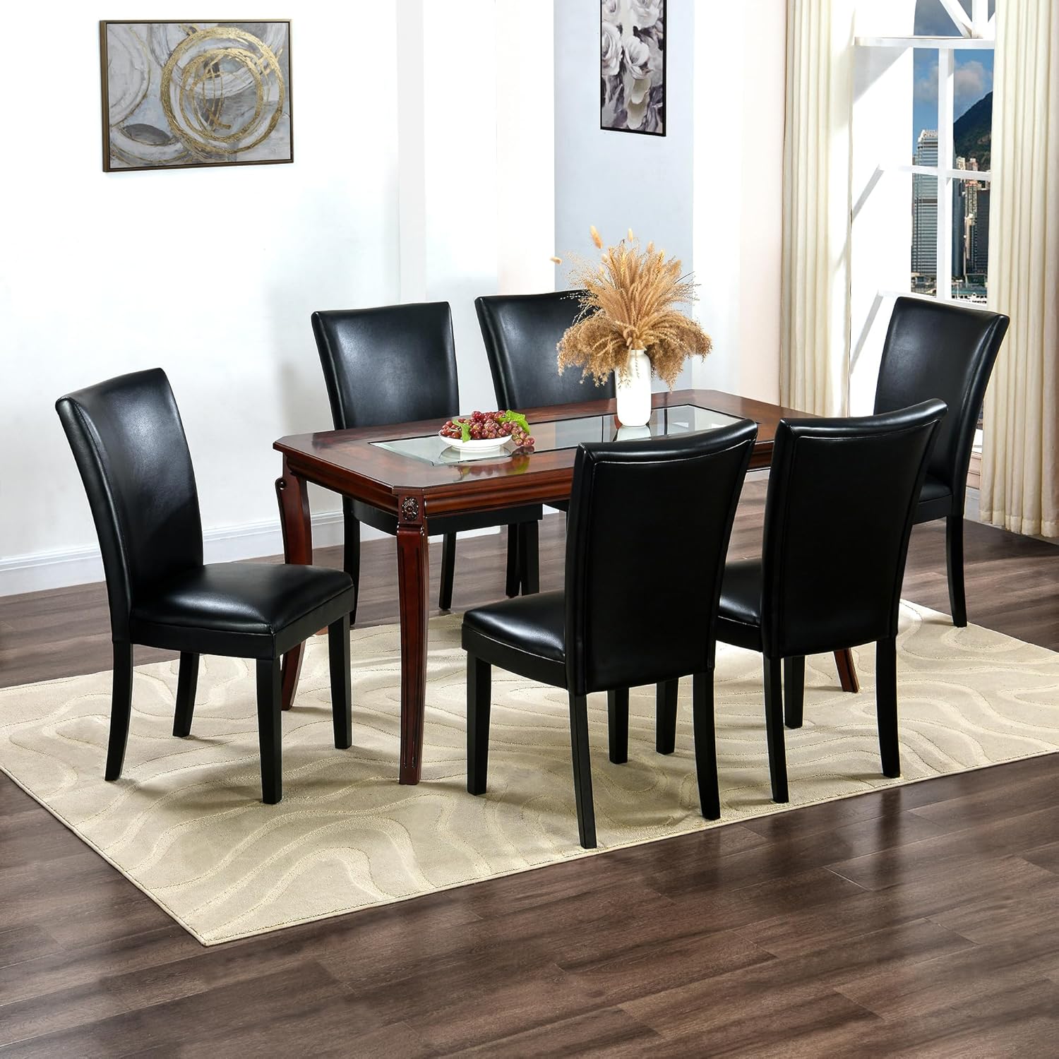 Rectangular Glass Dining Table 59” with Cherry Veneer Frame and Solid Wood Legs, for 4-6 People Tempered Glass Tabletop for Dining Room or Kitchen,Easy Assemble, Cherry Brown, CZ-A1168-GT