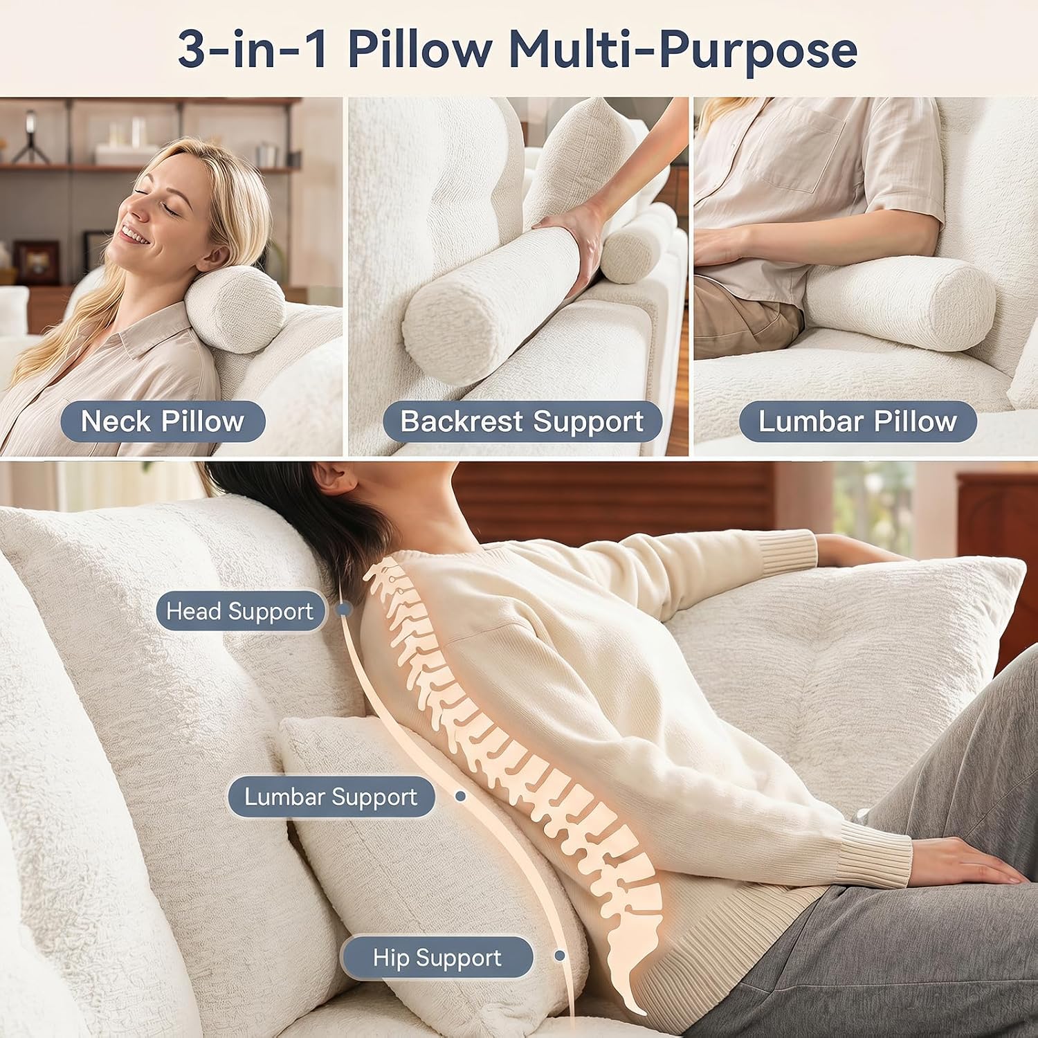 110" Oversized Cloud Sectional Couch, Modular Chenille L-Shaped Compressed Sofa with Ottoman & 3-in-1 Multi-Purpose Pillow, 3 Seater Memory Foam Couches for Living Room, Beige