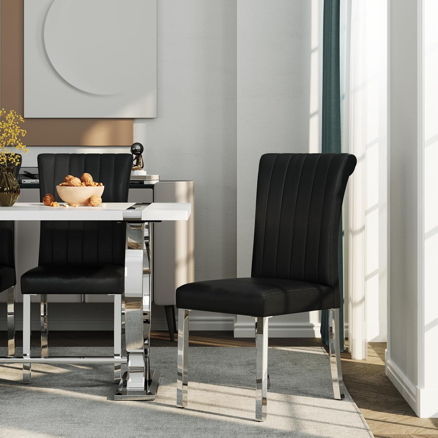 ACEDÉCOR Modern Dining Chairs Set of 4, Black Leather Dining Room Chairs with Silver Stainless Steel Legs, Upholstered Chairs with High Back and Metal Chrome Legs for Kitchen/Living Room/Restaurant