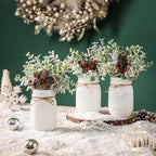 Christmas Mason Jars, Set of 3 White Painted Jars with Artificial Pine and Berries in Wood Tray, Christmas Centerpieces for Dining Table, Winter Home Decor